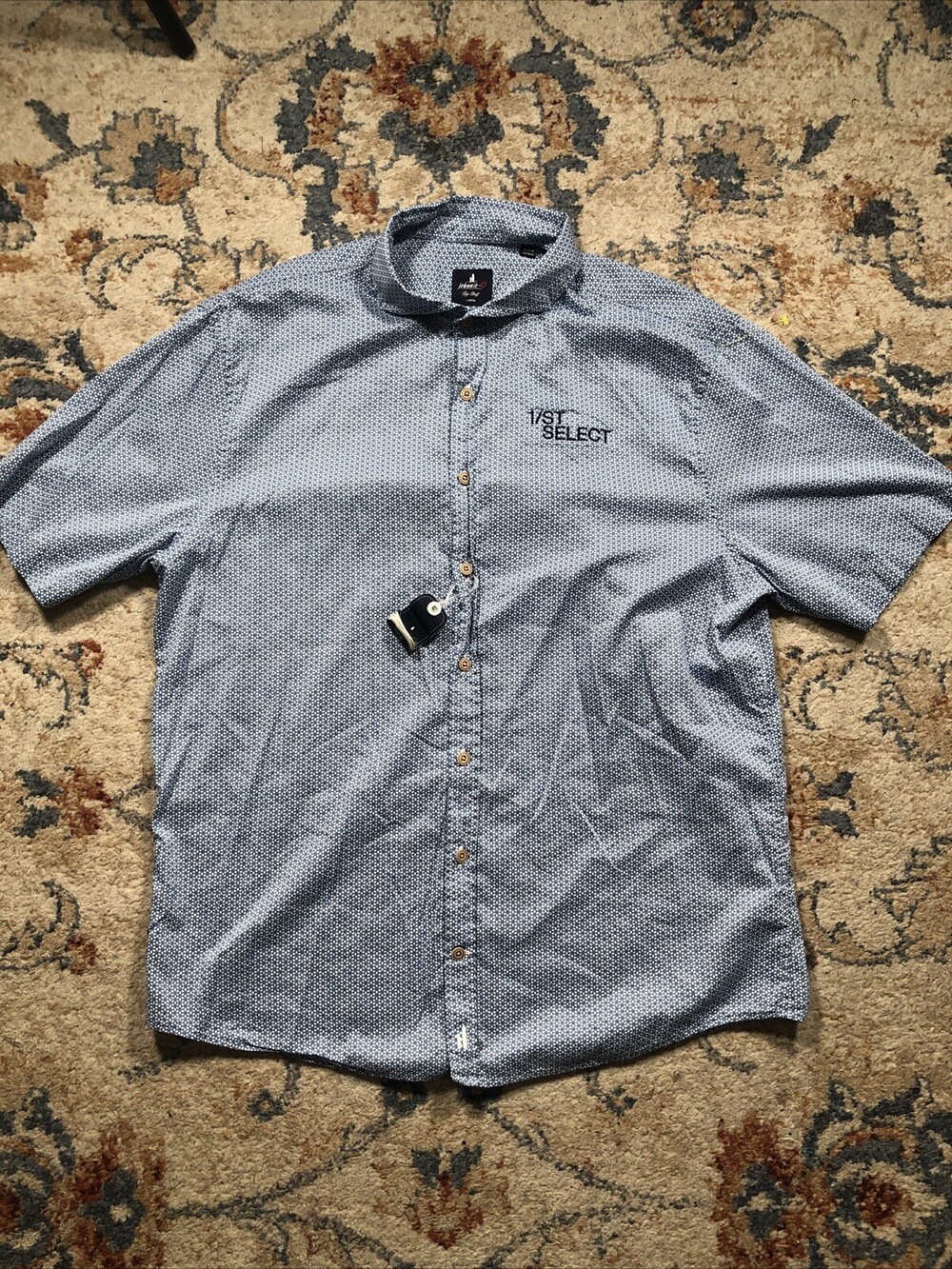 Johnnie O Top Shelf Polo Shirt Mens Large Blue Geometric All Over Print Golf